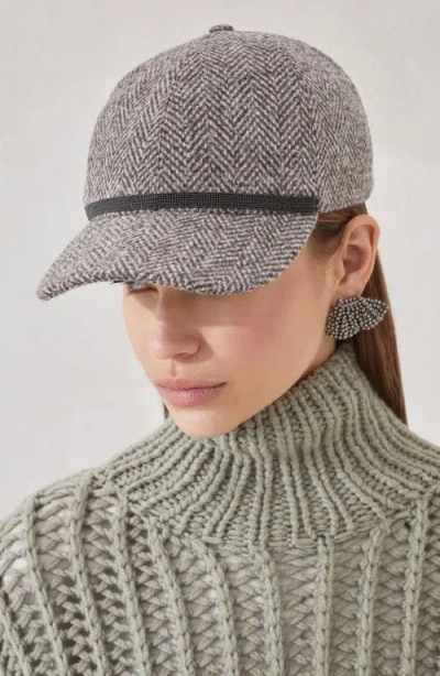 Brunello Cucinelli Bead-embellished Herringbone Wool-blend Tweed Cap In Neutral