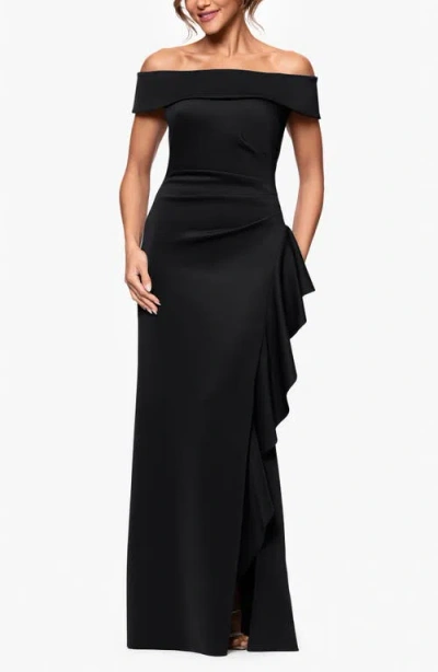 Xscape Evenings Ruffle Off The Shoulder Scuba Knit Gown In Black