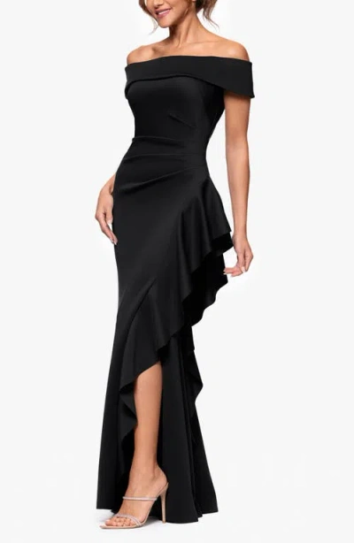 Xscape Evenings Ruffle Off The Shoulder Scuba Knit Gown In Black