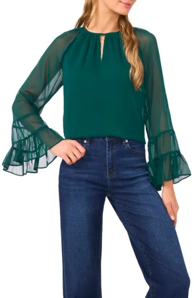 Cece Tiered Flowy Keyhole Blouse In Green