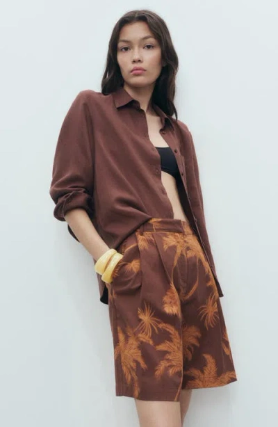 Mango Cotton Bermuda Shorts With Palm Tree Print Brown In Brown