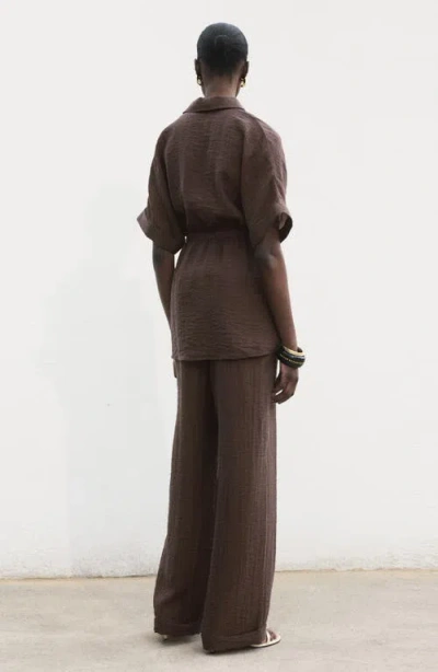 Mango Short Sleeve Lyocell Blend Button-up With Adjustable Drawstring Waist In Brown