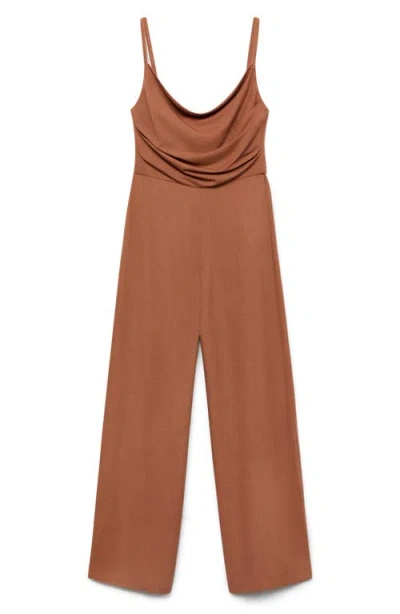 Mango Long Jumpsuit With Draped Neckline Brown In Brown
