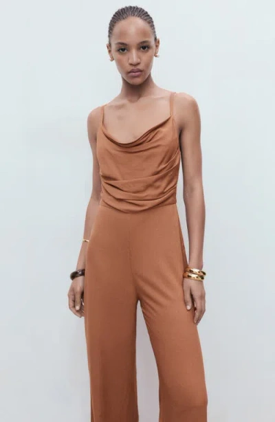 Mango Long Jumpsuit With Draped Neckline Brown In Brown