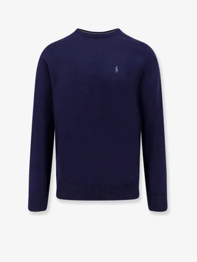 Polo Ralph Lauren Merino Wool Crew Neck Sweater With Embroidered Logo And Ribbed Detailing In Blue