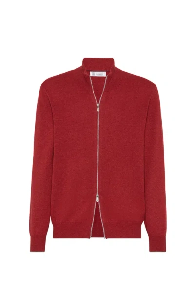 Brunello Cucinelli Turtleneck Zipper Cashmere Cardigan In Red