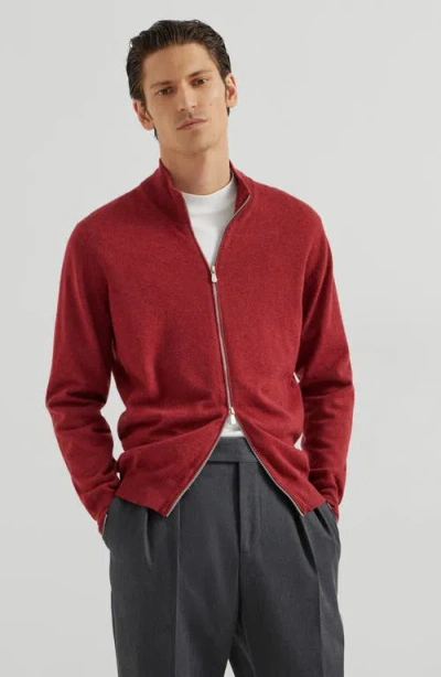 Brunello Cucinelli Turtleneck Zipper Cashmere Cardigan In Red