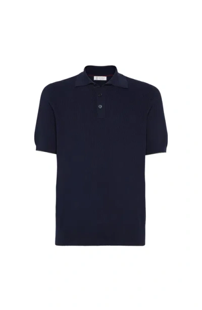 Brunello Cucinelli Ribbed-knit Cotton Polo Sweater In Blue