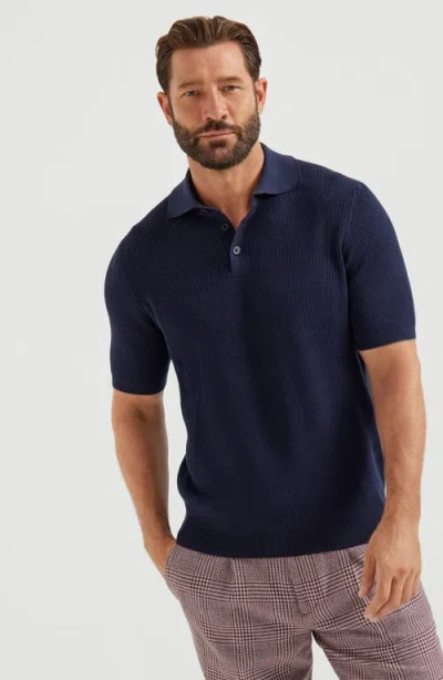 Brunello Cucinelli Ribbed-knit Cotton Polo Sweater In Blue
