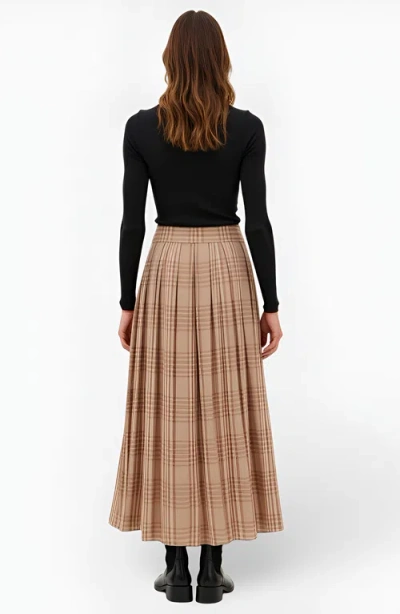 Modenaire Plaid Pleated Maxi Skirt With Elastic Waistband In Brown
