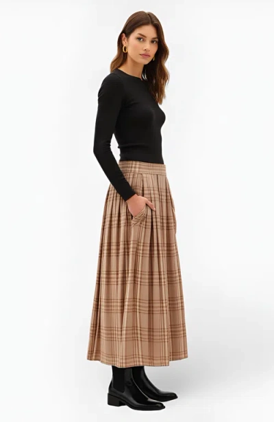 Modenaire Plaid Pleated Maxi Skirt With Elastic Waistband In Brown