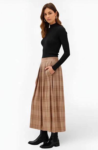 Modenaire Plaid Pleated Maxi Skirt With Elastic Waistband In Brown