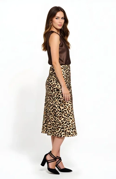 Modenaire Leopard Print Bias Cut Satin Midi Skirt In Animal Print