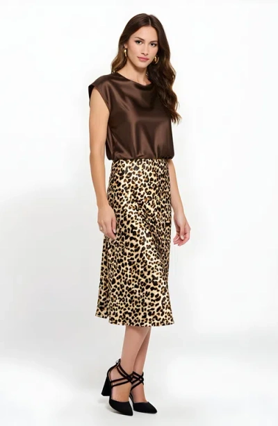 Modenaire Leopard Print Bias Cut Satin Midi Skirt In Animal Print