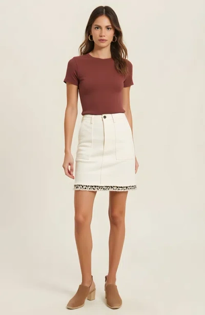 Modenaire High-waist Denim Mini Skirt With Leopard Trim And Frayed Hem In White