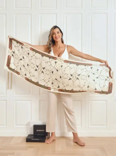 Silksilky 100% Mulberry Silk Printed Rectangular Long Shawl Scarf 170x53cm In Sand