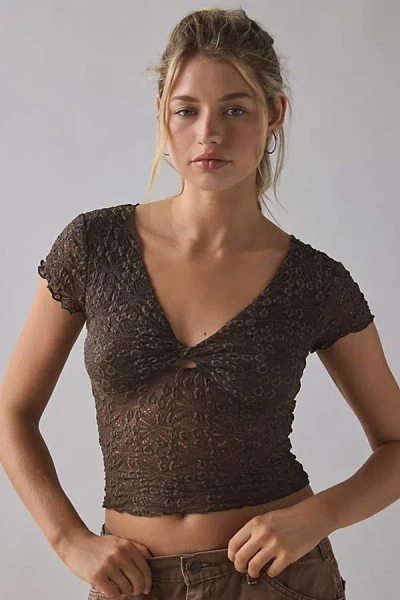 Kimchi Blue Maisie Sheer Lace Twist-front Crop Top In Brown, Women's At Urban Outfitters In Brown
