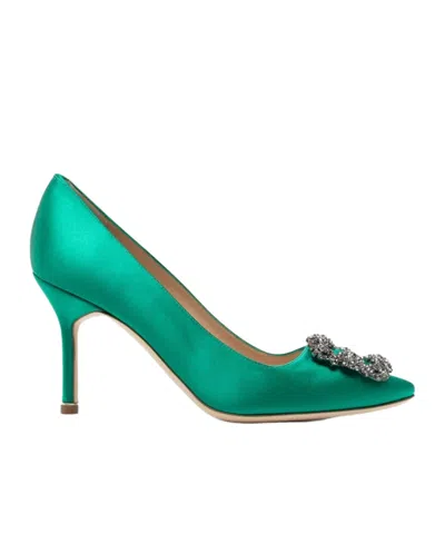 Manolo Blahnik Hangisi 70 Satin Pumps With Clc Crystal Buckle In Green