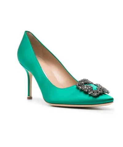 Manolo Blahnik Hangisi 70 Satin Pumps With Clc Crystal Buckle In Green