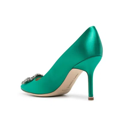 Manolo Blahnik Hangisi 70 Satin Pumps With Clc Crystal Buckle In Green