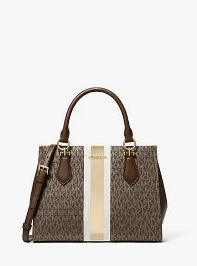 Michael Kors Marilyn Medium Signature Logo Stripe Satchel In Brown