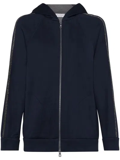 Brunello Cucinelli Hooded Sweatshirt With `precious` Stripe In Blue