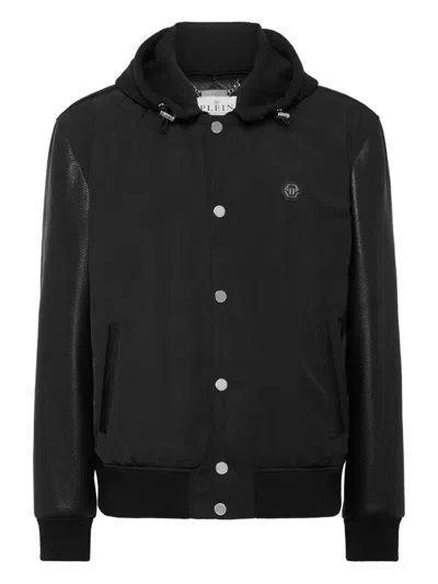 Philipp Plein Nylon And Leather Varsity Bomber Hooded Jacket In Black