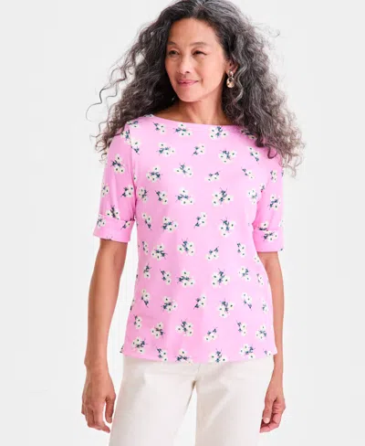 Style & Co Women's Printed Boat-neck Elbow-sleeve Knit Top, Macy's Exclusive In Pink