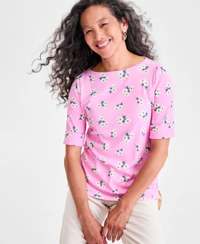 Style & Co Women's Printed Boat-neck Elbow-sleeve Knit Top, Macy's Exclusive In Pink