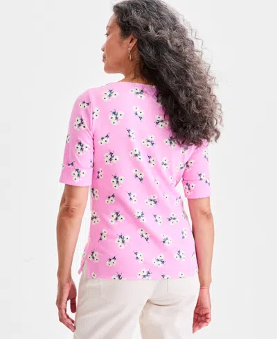 Style & Co Women's Printed Boat-neck Elbow-sleeve Knit Top, Macy's Exclusive In Pink