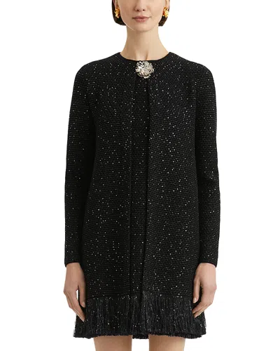 Oscar De La Renta Long Tweed Textured Jacket With Fringe Edges In Black