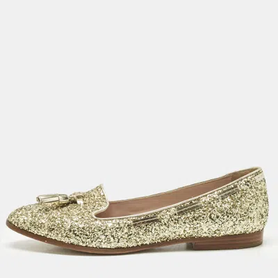 Pre-owned Miu Miu Gold Glitter And Leather Tassel Smoking Slippers Size 39