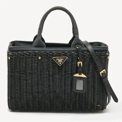Pre-owned Prada Black Wicker And Canvas Large Midollino Tote