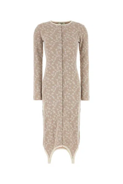 Fendi Embroidered Cotton Blend Dress In Neutral