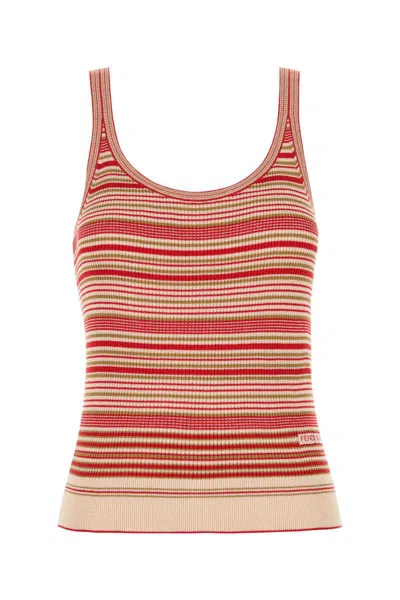 Fendi Beige And Red Striped Cotton And Silk Top In Red