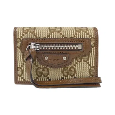 Pre-owned Gucci Beige Brown Gg Canvas Leather Wallet (tri-fold) () In Multi