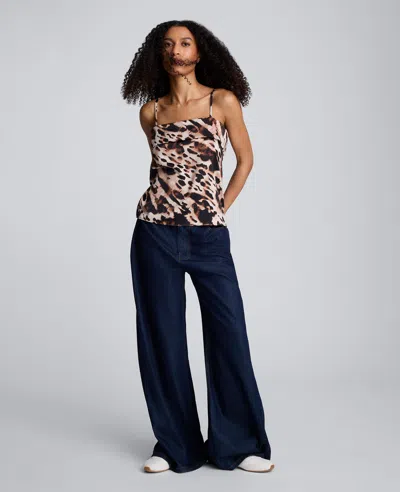 Kenneth Cole Animal Print Satin Foldover Spaghetti Strap Cami In Brown
