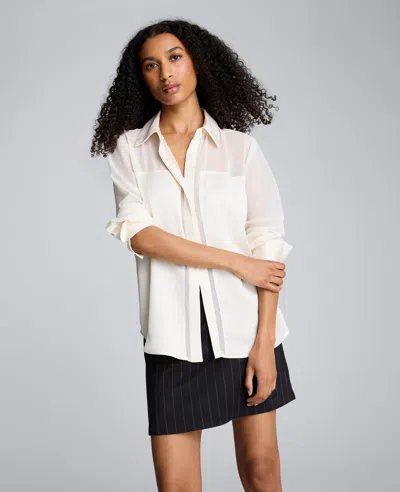 Kenneth Cole Long Sleeve Button Front Sheer Detail Woven Shirt In White