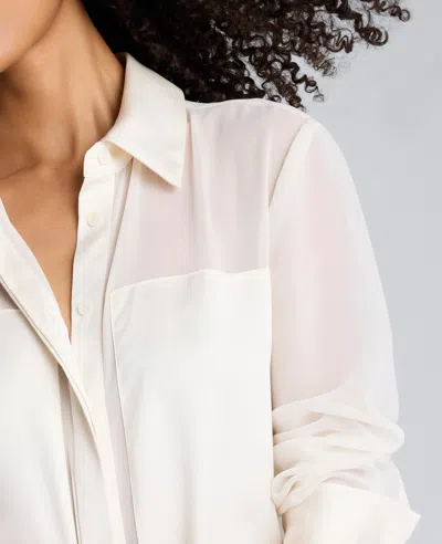 Kenneth Cole Long Sleeve Button Front Sheer Detail Woven Shirt In White