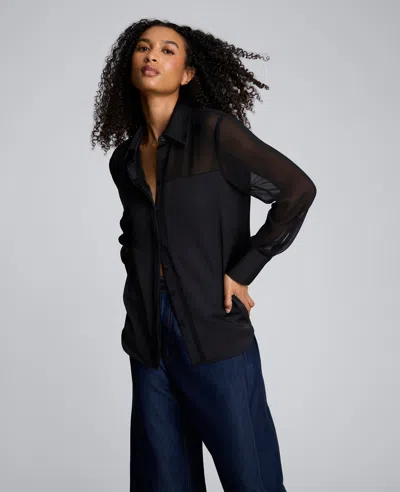 Kenneth Cole Long Sleeve Button Front Sheer Detail Woven Shirt In Black