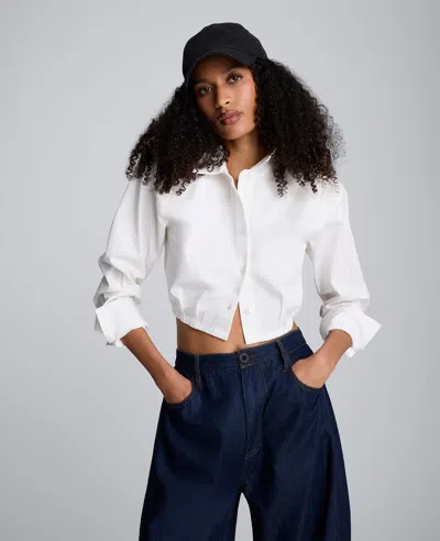 Kenneth Cole Strong Shoulder Cropped Poplin Button Front Shirt In White