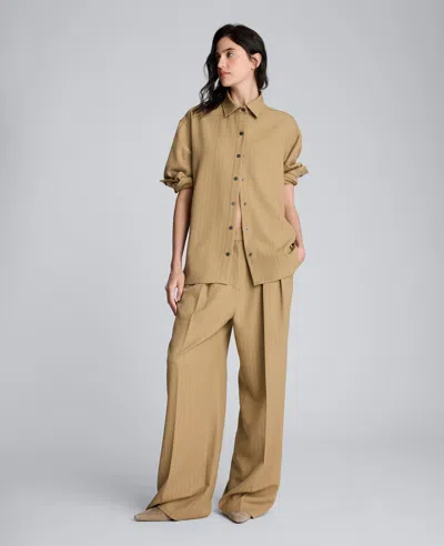 Kenneth Cole Pinstripe Drop Shoulder Snap Front Boyfriend Shirt In Brown