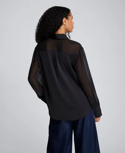 Kenneth Cole Long Sleeve Button Front Sheer Detail Woven Shirt In Black