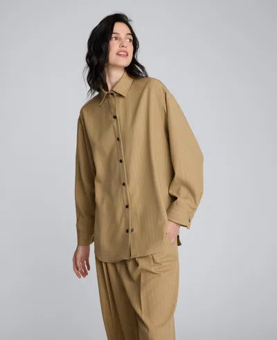 Kenneth Cole Pinstripe Drop Shoulder Snap Front Boyfriend Shirt In Brown