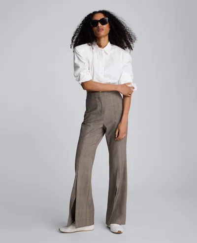 Kenneth Cole Plaid High Rise Split Front Flare Leg Pant In Gray