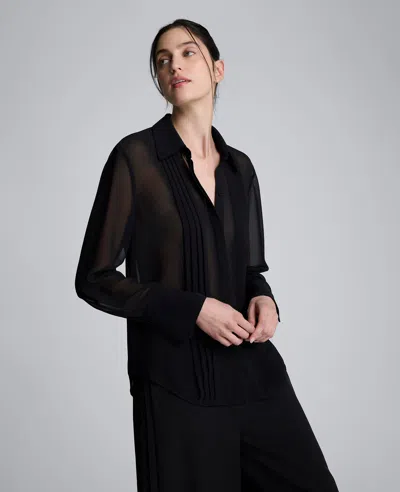 Kenneth Cole Chiffon Pleated Long Sleeve Blouse In Black