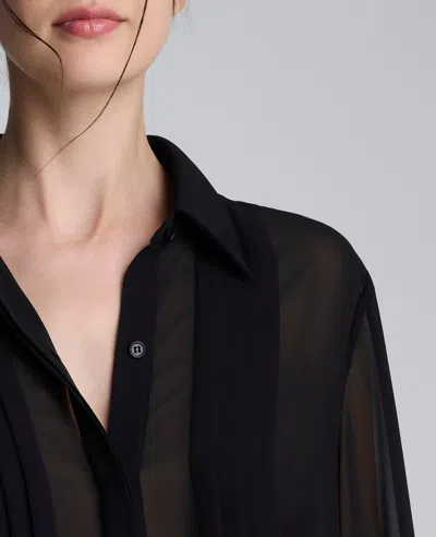 Kenneth Cole Chiffon Pleated Long Sleeve Blouse In Black