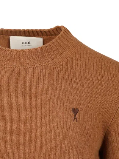 Ami Alexandre Mattiussi Ami De Coeur Sweater In Extrafine Wool And Silk In Brown