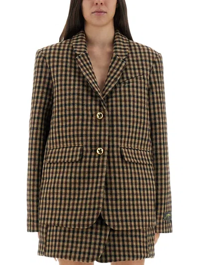 Ganni Checked Wool Blazer In Brown