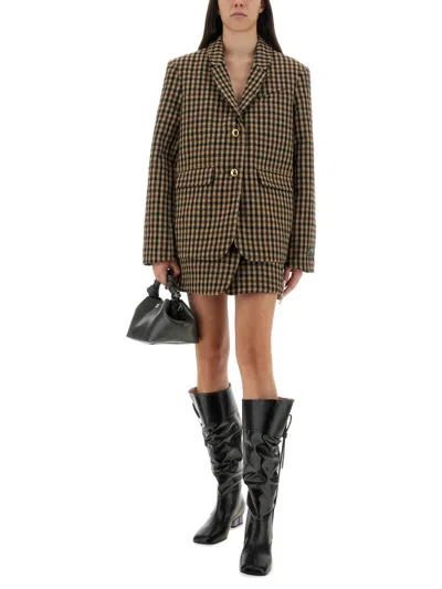 Ganni Checked Wool Blazer In Brown